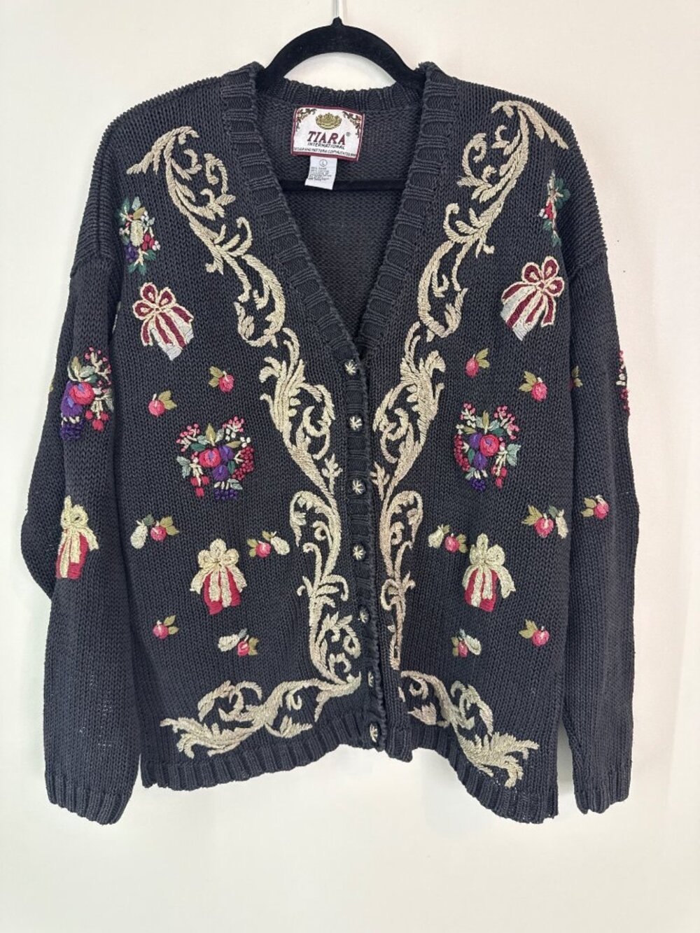 Tiara International Womens Black Knit Cardigan With Embroidered Festive Floral